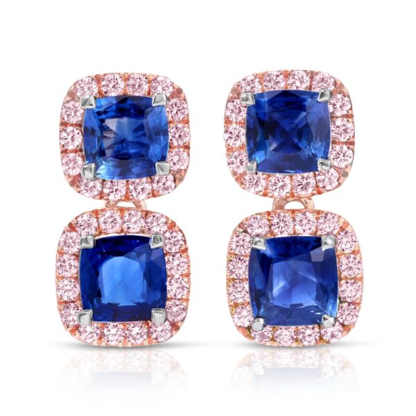 Cushion Cut Blue Sapphire and Fancy Pink Round Diamond Drop Earrings