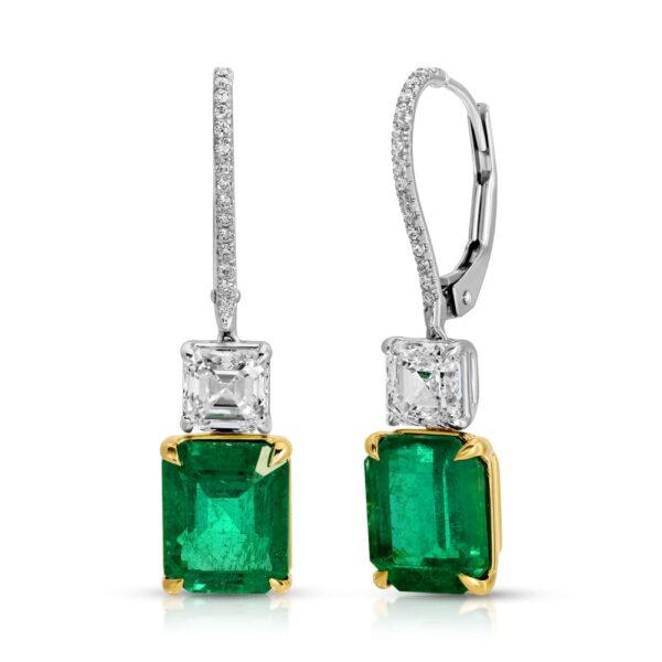 Emerald Cut Green Emerald and Asscher Cut Diamond Dangle Earrings