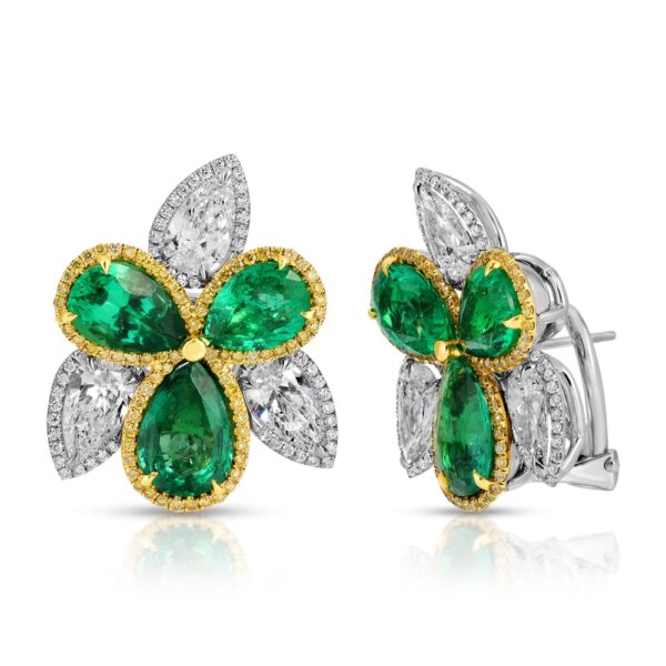Pear Shape Green Emerald and Colorless Diamond Earrings
