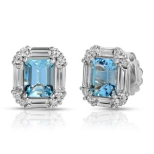 Emerald Cut Aquamarine and Baguette Diamond Earrings
