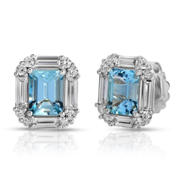 Emerald Cut Aquamarine and Baguette Diamond Earrings